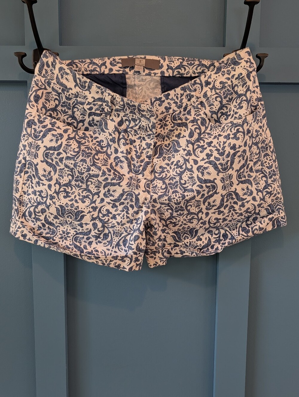 Tristan Blue and White Paisley Print Jean Shorts